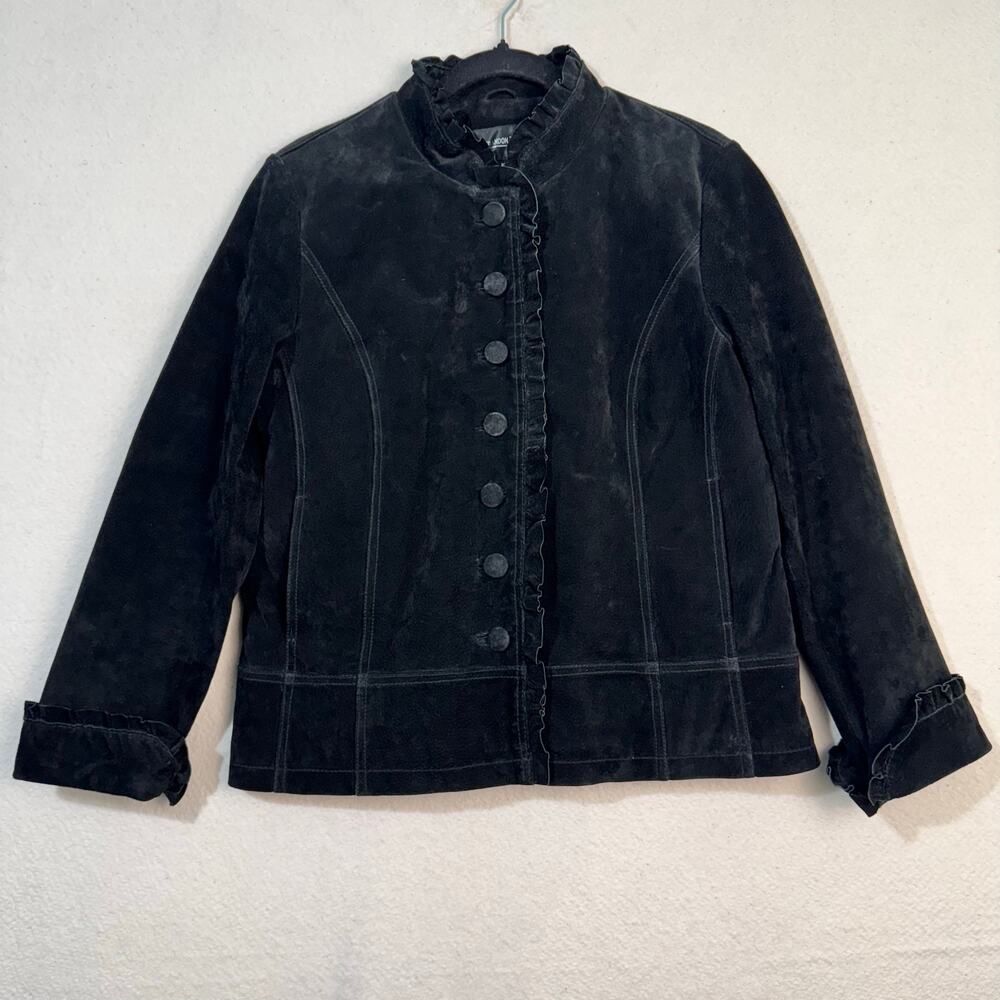 Brandon Thomas VTG Black Suede Leather Jacket Blazer Ruffle-Edged Size Large